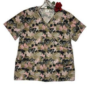 B Scrubs V-neck Butterflies Top Short sleeve Pink Tan Black 1X EUC
